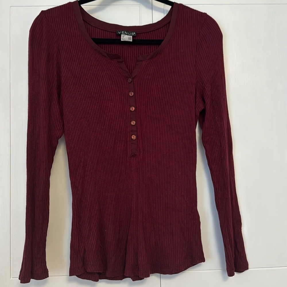 Venus Burgundy Long Sleeve Henley Tee 🍷